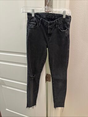 MOTHER Black Washed Skinny Jeans with Distressed Knee